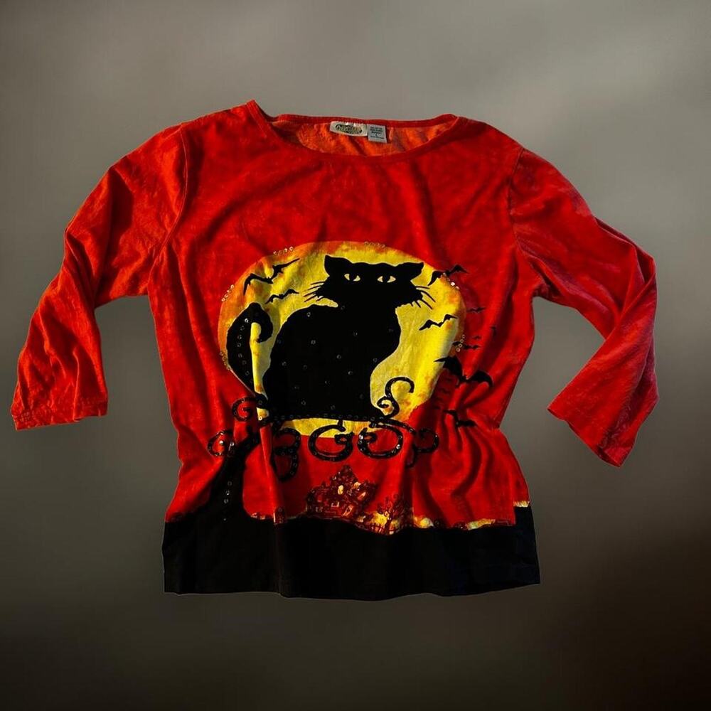 Halloween Cat Sequin 3/4 Sleeve Tee EUC